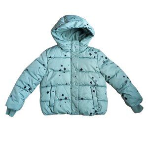 GAP Kids Teal Puffer Jacket with Star Print – Hooded Winter Coat, Size S (6–7)